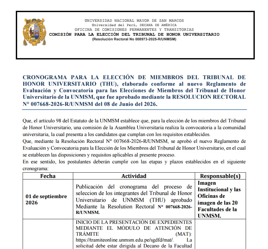 Convocatoria y Cronograma: Elección de Miembros del Tribunal de Honor Universitario (THU-2026)