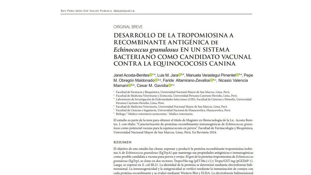 DESARROLLO DE LA TROPOMIOSINA A RECOMBINANTE ANTIGÉNICA de Echinococcus granulosus EN UN SISTEMA BACTE