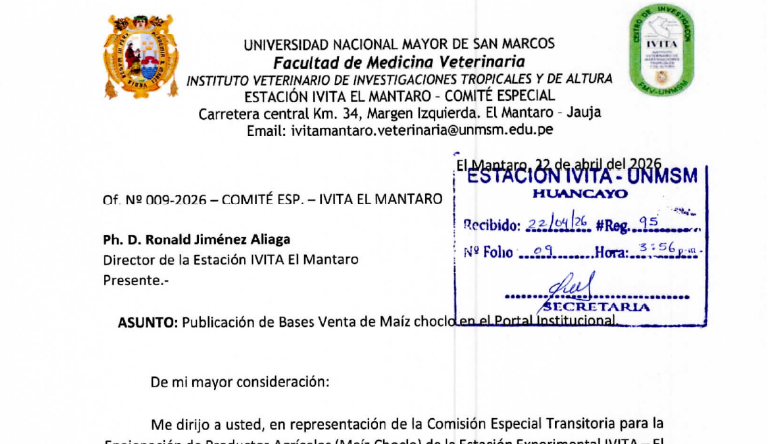 TERCERA CONVOCATORIA PÚBLICA – BASES DEL CONCURSO DE VENTA DE MAIZ CHOCLO DE LA ESTACION IVITA EL MANTARO DE LA  FACULTAD DE MEDICINA VETERINARIA