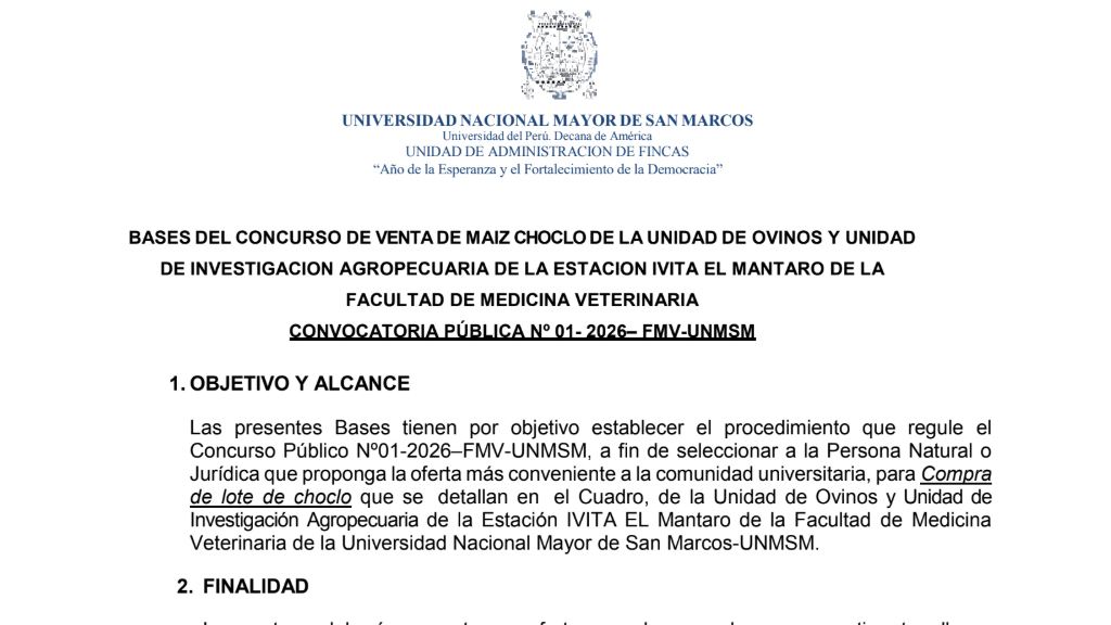 CONVOCATORIA PÚBLICA No 01- 2026– FMV-UNMSM – BASES DEL CONCURSO DE VENTA DE MAIZ CHOCLODE LA UNIDAD DE OVINOS Y UNIDAD DE INVESTIGACION AGROPECUARIA DE LA ESTACION IVITA EL MANTARO DE LA  FACULTAD DE MEDICINA VETERINARIA
