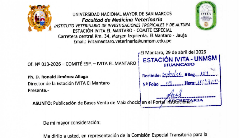 CUARTA CONVOCATORIA PÚBLICA – BASES DEL CONCURSO DE VENTA DE MAIZ CHOCLO DE LA ESTACION IVITA EL MANTARO DE LA  FACULTAD DE MEDICINA VETERINARIA