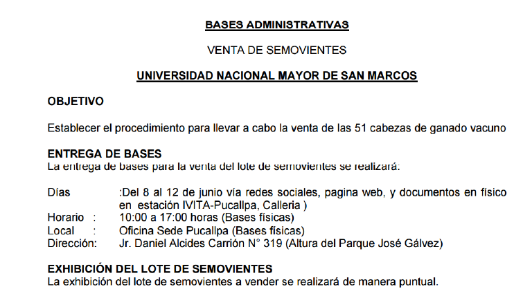 CONVOCATORIA PÚBLICA –  bases con  las fechas actualizadas para la venta de ganado de la Estación IVITA – Pucallpa.